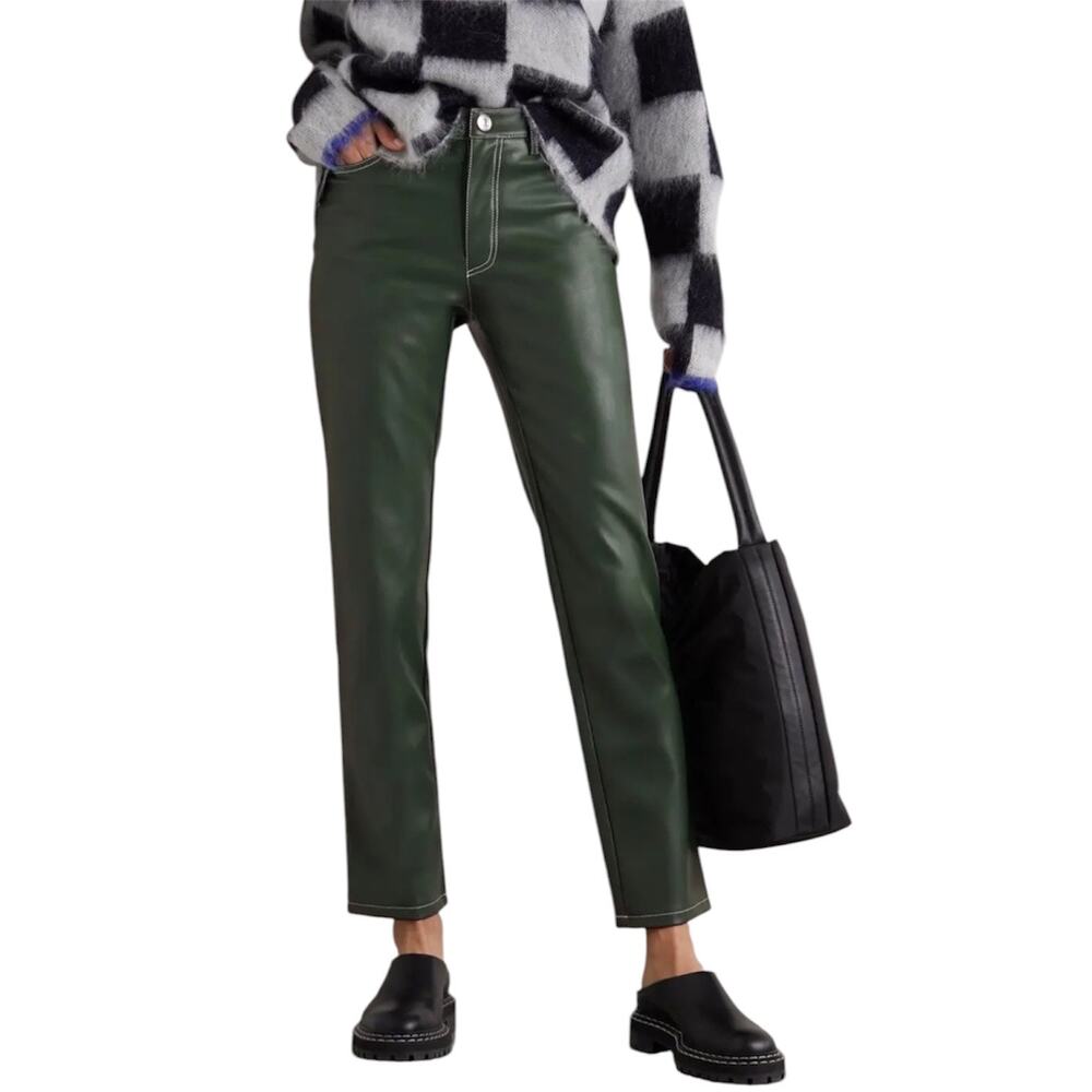 Staud Elliot Vegan Leather Straight Leg Pants Cypress Green Women’s 8 High Rise